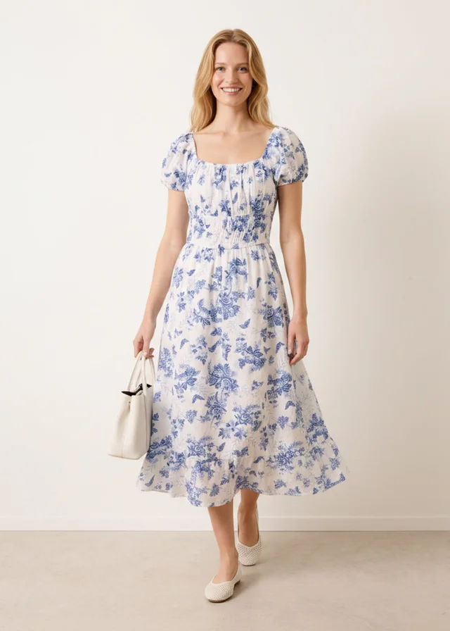 Blue Vanilla Blue Off The Shoulder Puff Sleeve Shirred Print Dress