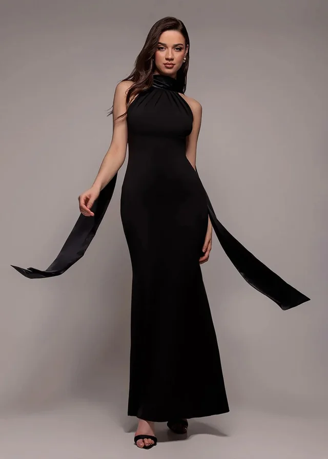 Goddiva Black Satin Multi Tie Halterneck Maxi Dress