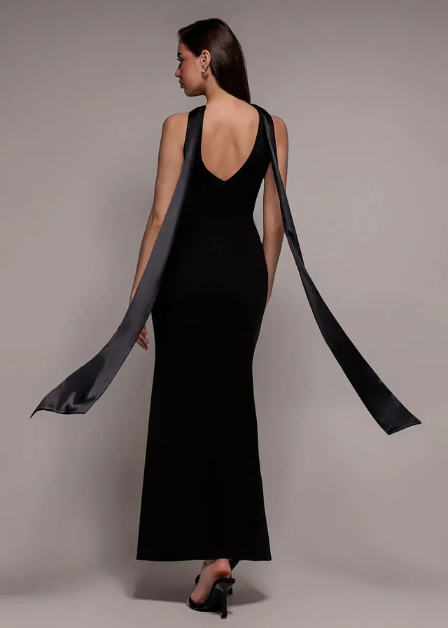 Goddiva Black Satin Multi Tie Halterneck Maxi Dress