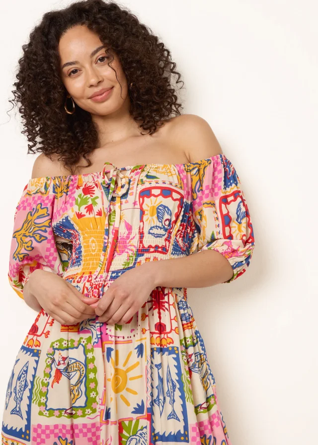 Blue Vanilla Multi Postcard Tie Front Bardot Shirred Midi Dress