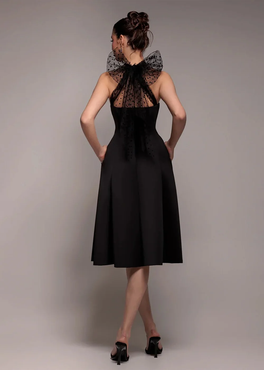 Goddiva Black Scuba & Polka Mesh Bella Bow Multiway A Line Midi Dress - 16 Image 2