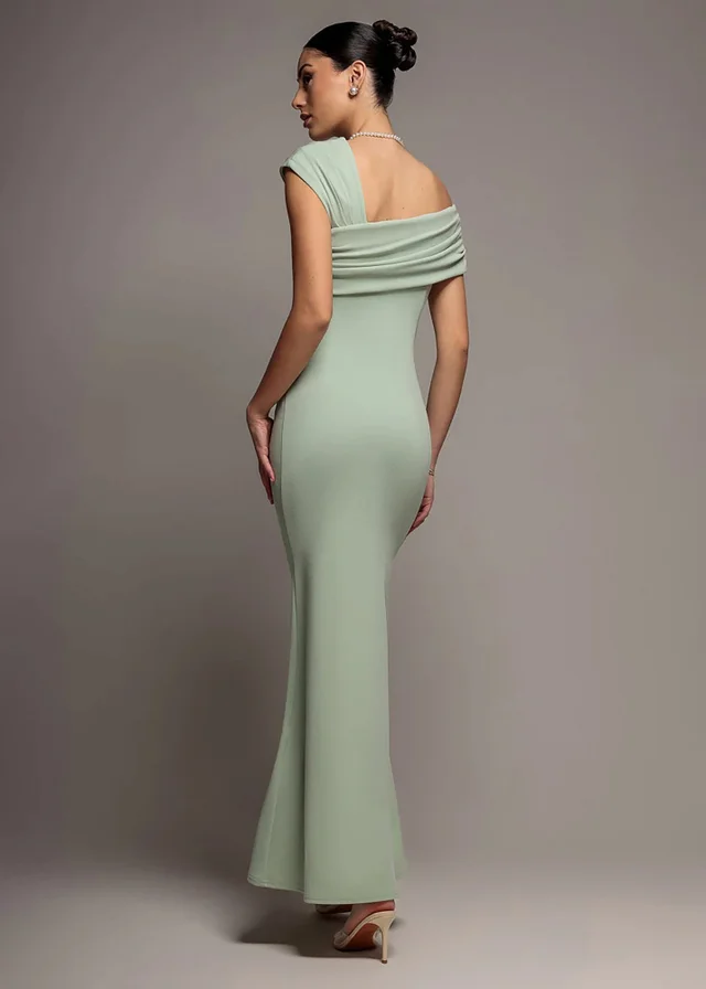 Goddiva Sage Green One Shoulder Asymmetric Scuba Crepe Maxi Dress