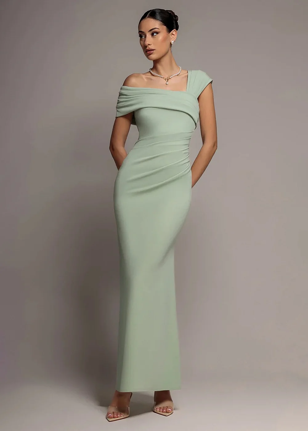Goddiva Sage Green One Shoulder Asymmetric Scuba Crepe Maxi Dress - 12 Image 1