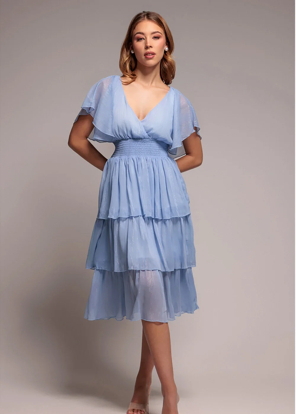 Goddiva Light Blue Plain Lurex Chiffon Tiered Midi Dress - 18 Image 1