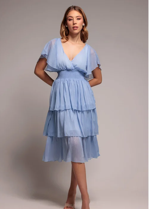 Goddiva Light Blue Plain Lurex Chiffon Tiered Midi Dress - 18 Image 1