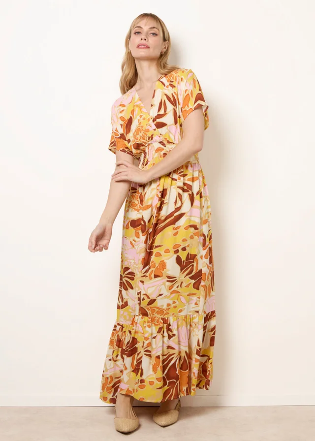 Blue Vanilla Multi Tropical V Front Shirred Waist Maxi Dress