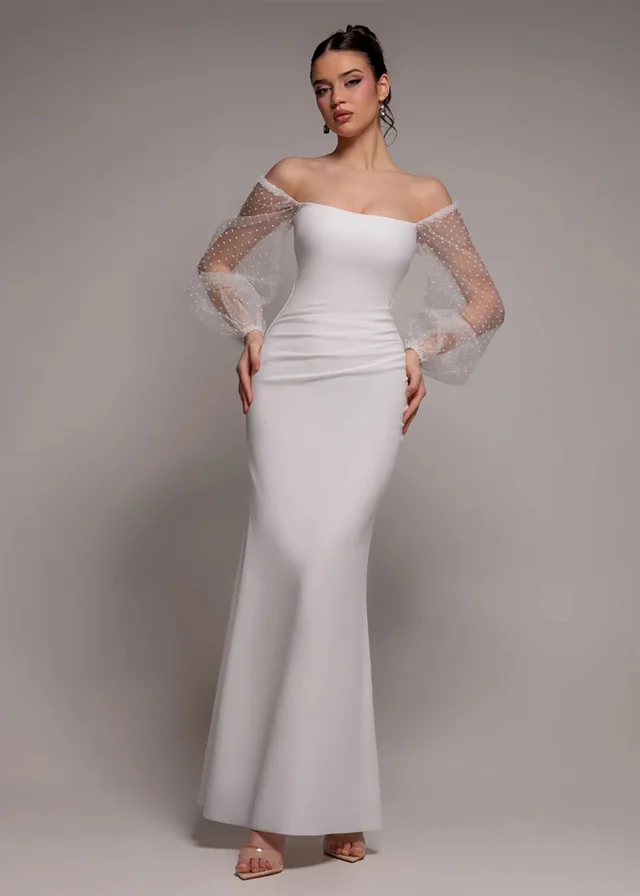 Goddiva White Dobby Organza Bishop Sleeve Multiway Maxi Dress
