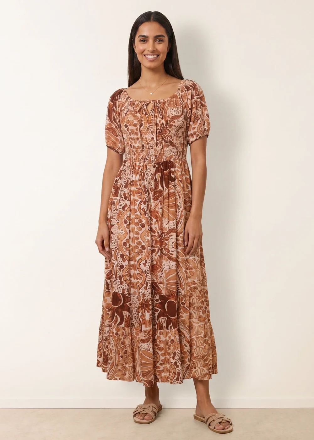 Blue Vanilla Brown Tie Front Shirred Midi Dress - XL Image 1