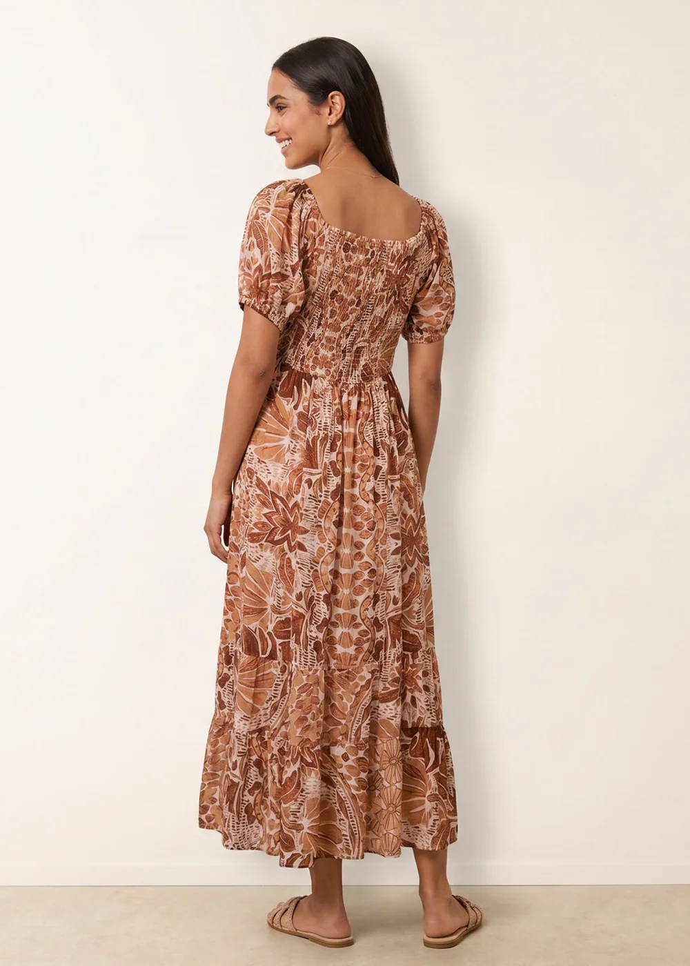 Blue Vanilla Brown Tie Front Shirred Midi Dress - XL Image 4