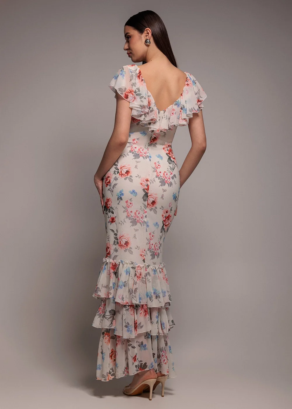 Goddiva Cream Floral Printed Chiffon Ruffle Maxi Dress - 14 Image 2