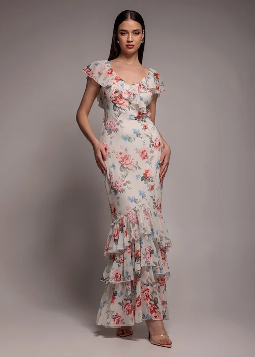 Goddiva Cream Floral Printed Chiffon Ruffle Maxi Dress - 14 Image 1
