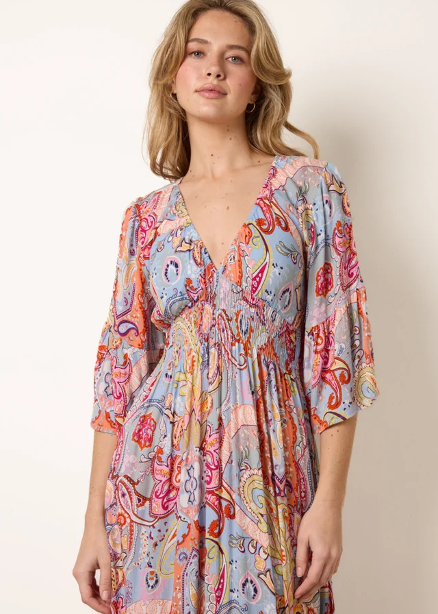 Blue Vanilla Multi Paisley Print V Neck Maxi Dress