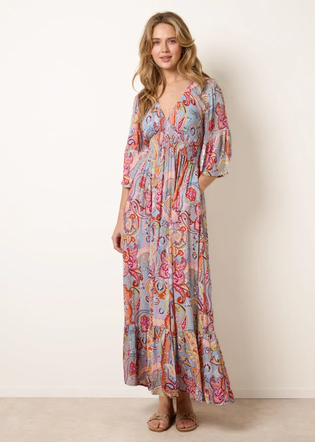 Blue Vanilla Multi Paisley Print V Neck Maxi Dress