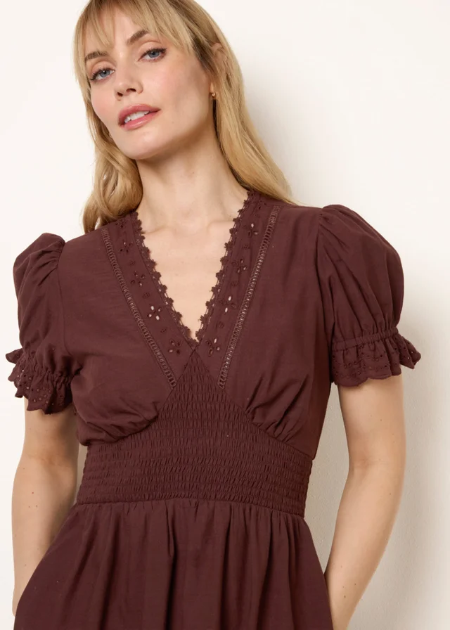 Blue Vanilla Brown Embroidery Detail V-Neck Maxi Dress
