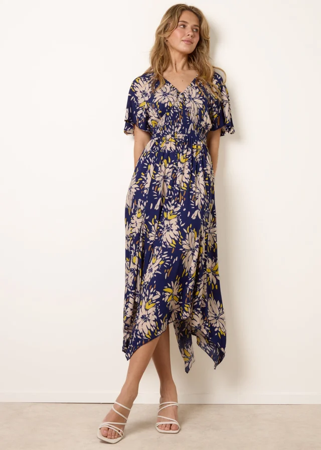 Blue Vanilla Yellow Shirred Waist Hanky Hem Dress