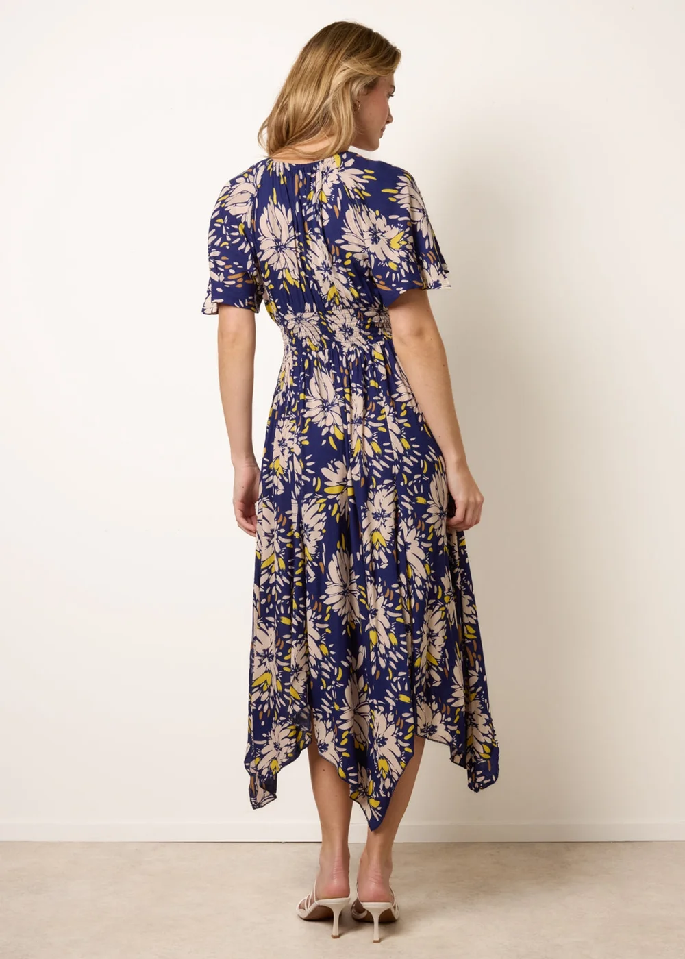 Blue Vanilla Yellow Shirred Waist Hanky Hem Dress - M/L Image 4