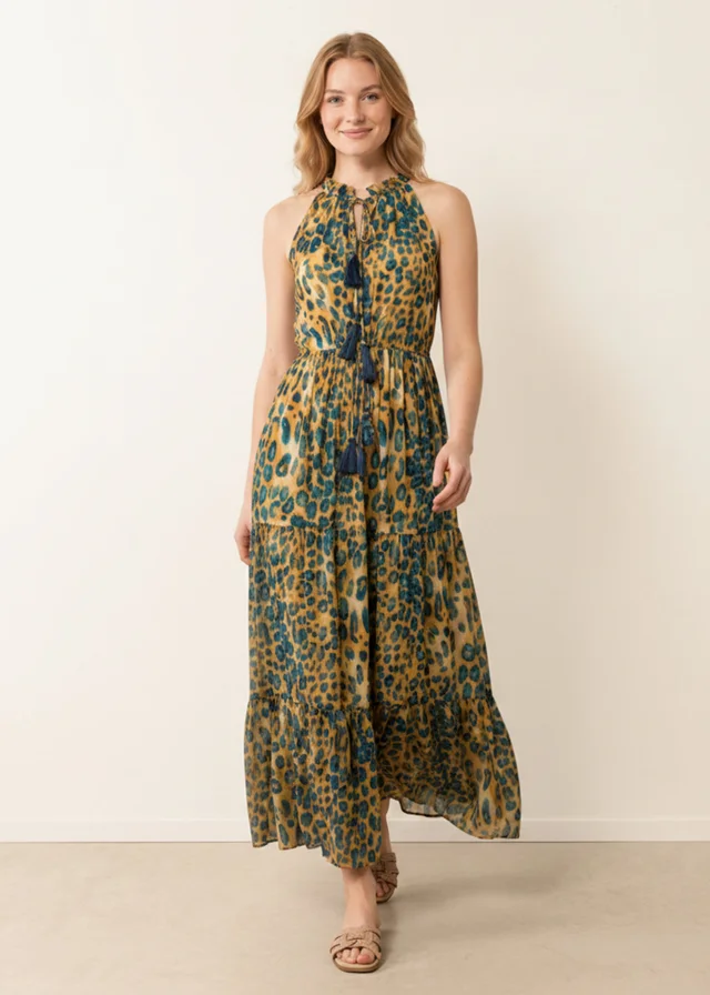 Blue Vanilla Brown Diamante Tiered Tie Front Dress
