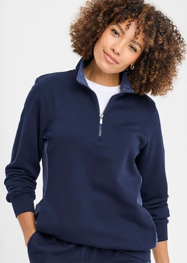 Cotton Traders Navy Half Zip Panelled Sweatshirt