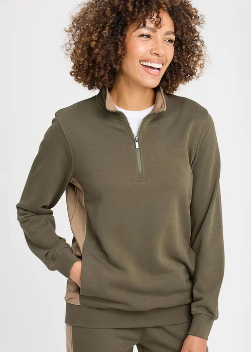 Cotton Traders Khaki Half Zip Panelled Sweatshirt - 2XL Image 2