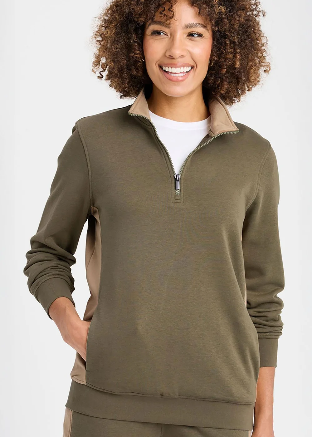 Cotton Traders Khaki Half Zip Panelled Sweatshirt - 2XL Image 1