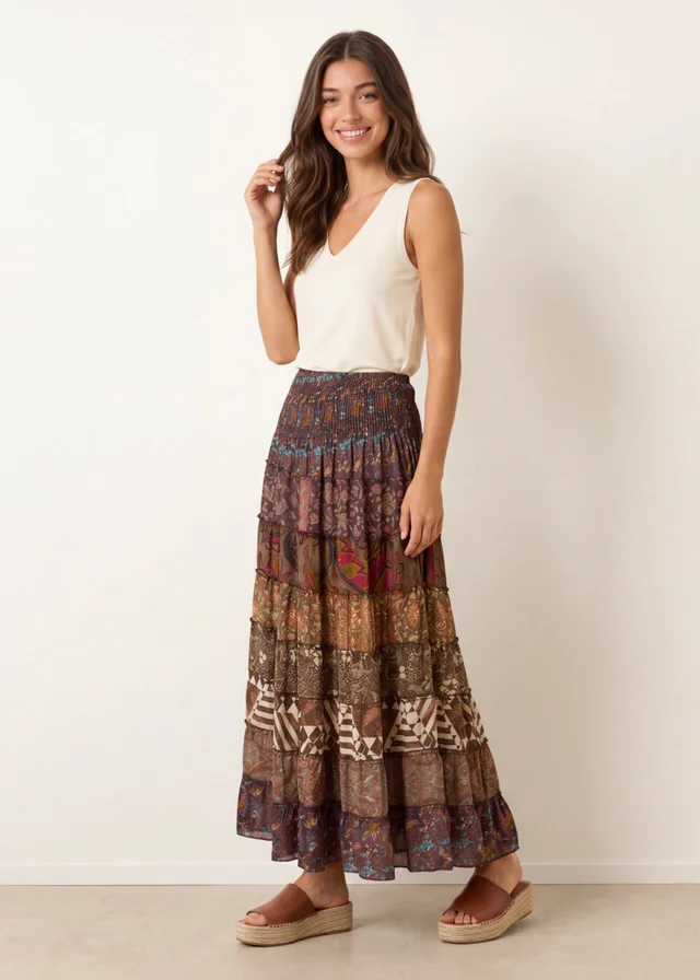 Blue Vanilla Brown Multi Print Shirred Skirt