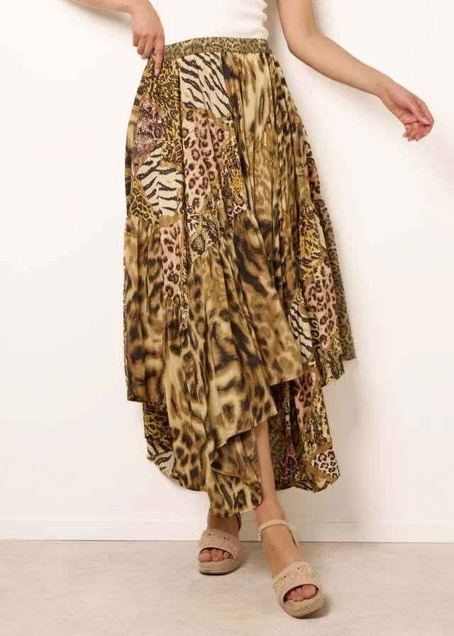 Blue Vanilla Brown Animal Asymmetric Midi Skirt
