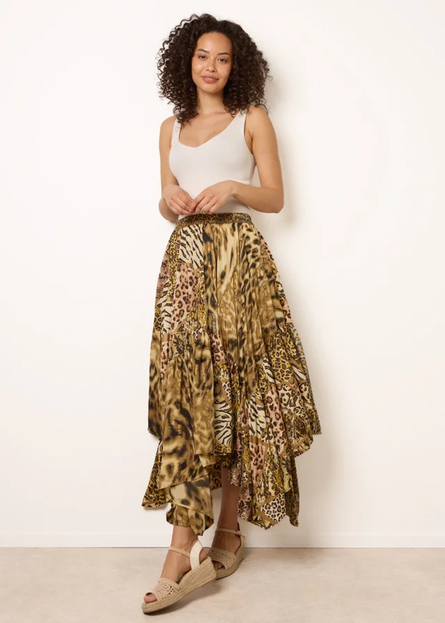 Blue Vanilla Brown Animal Asymmetric Midi Skirt