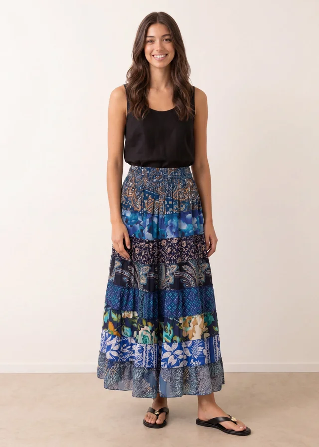 Blue Vanilla Blue Multi Print Shirred Skirt