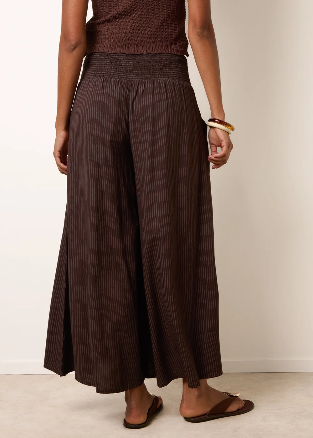 Blue Vanilla Brown Wide Leg Shirred Waist Wavy Trousers - L/XL Image 4