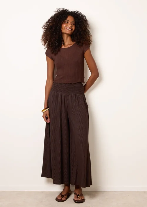 Blue Vanilla Brown Wide Leg Shirred Waist Wavy Trousers - L/XL Image 1