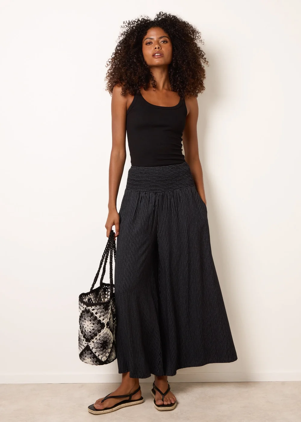 Blue Vanilla Black Wide Leg Shirred Waist Wavy Trousers - S/M Image 1