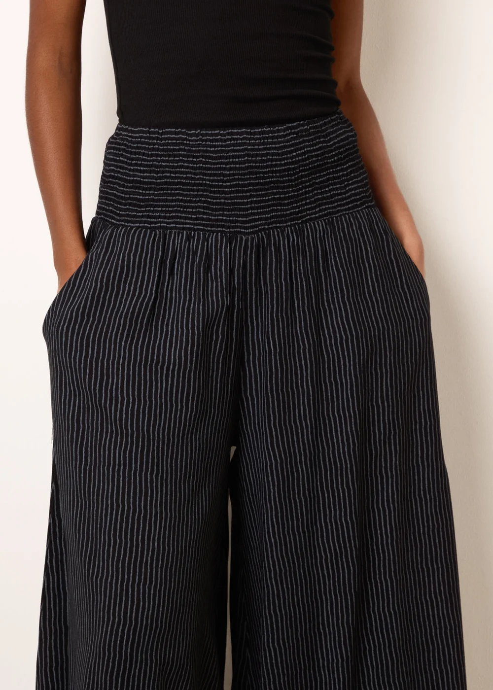 Blue Vanilla Black Wide Leg Shirred Waist Wavy Trousers - S/M Image 3
