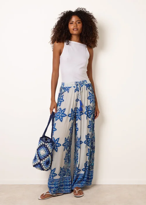 Blue Vanilla Blue Paisley Floral Wide Leg Printed Trousers - L Image 1