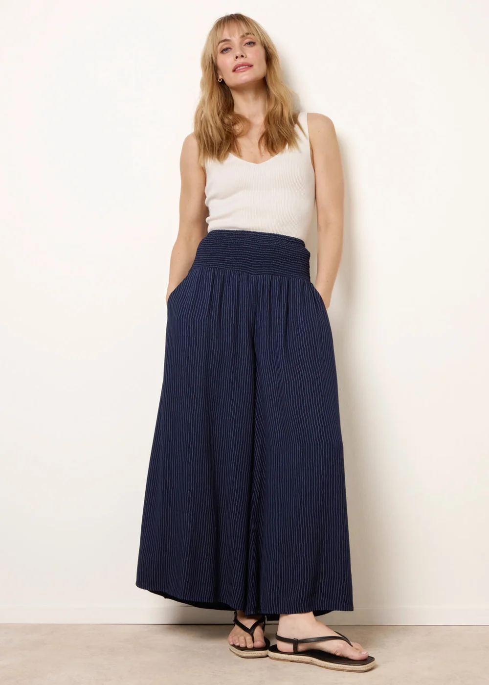 Blue Vanilla Navy Wide Leg Shirred Waist Wavy Trousers - S/M Image 1
