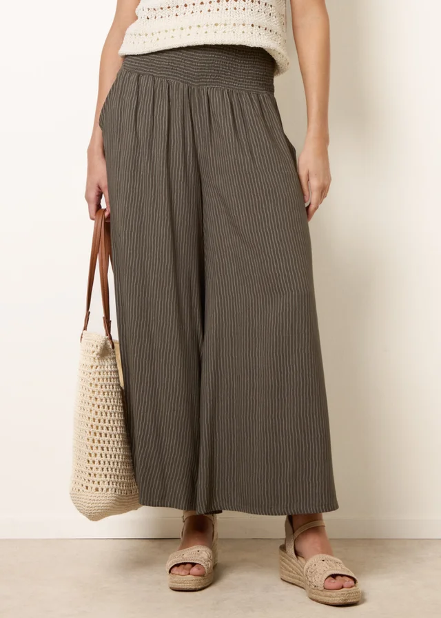 Blue Vanilla Khaki Wide Leg Shirred Waist Wavy Trousers
