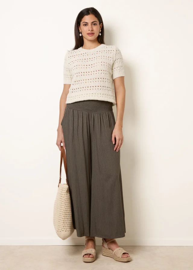Blue Vanilla Khaki Wide Leg Shirred Waist Wavy Trousers