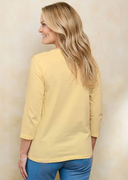 Cotton Traders Pale Yellow Ladies 3/4 Sleeve Scoop Neck Printed Top - 16 Image 4