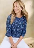 Cotton Traders Navy Ladies 3/4 Sleeve Boat Neck Printed Top - 18 Image 1