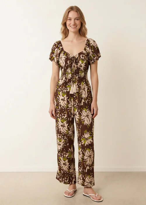 Blue Vanilla Brown Shirred Waist Wide Leg Jumpsuit - M/L Image 1
