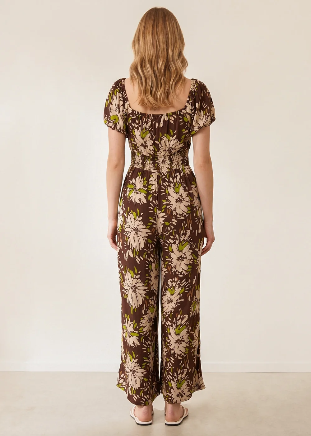Blue Vanilla Brown Shirred Waist Wide Leg Jumpsuit - M/L Image 4