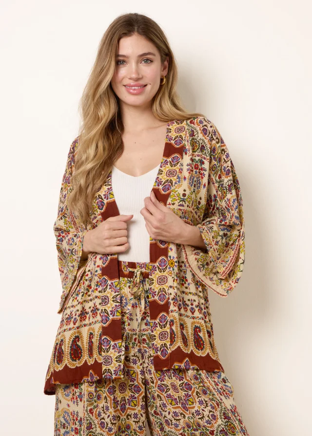 Blue Vanilla Multi Paisley Print Kimono With Embellishment