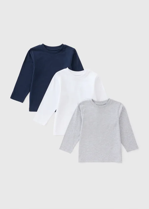 3 Pack Boys Navy White & Grey Long Sleeve T-Shirts (1-8yrs) - 1-1.5 Yrs Image 1