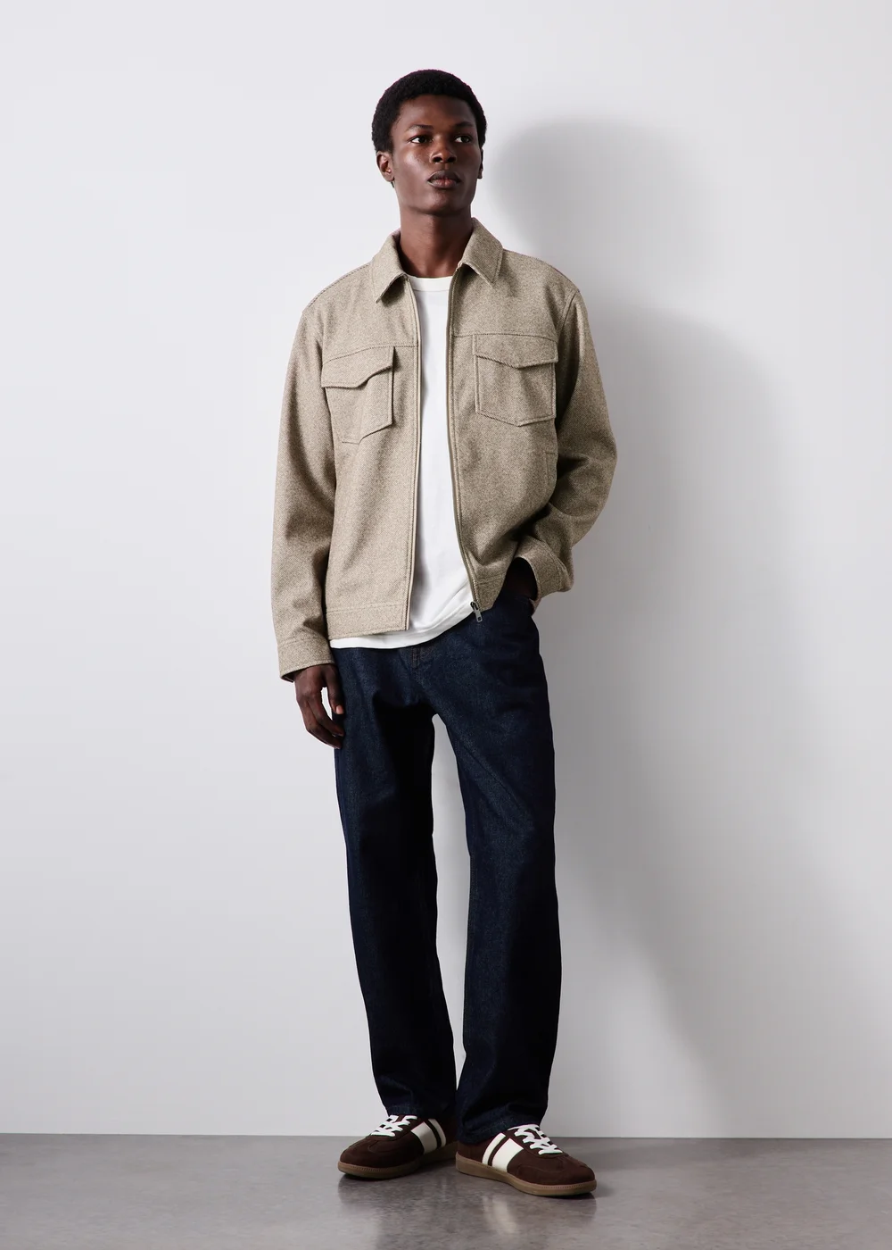 Brown Herringbone Textured Trucker Jacket - XS Image 2