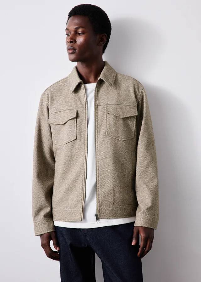 Brown Herringbone Textured Trucker Jacket