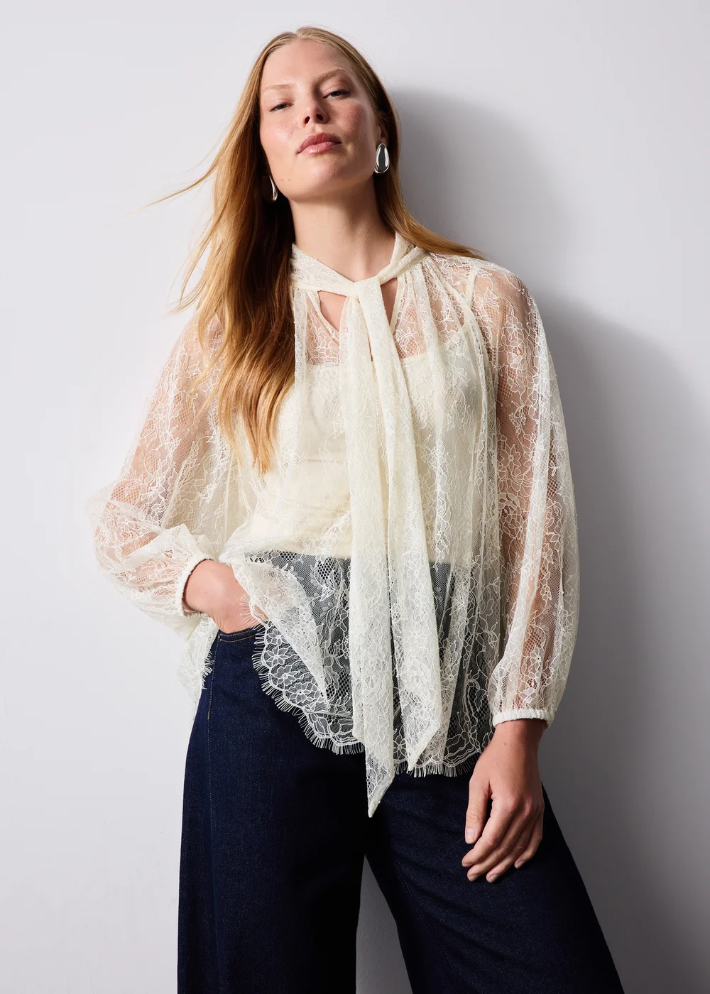 Cream Lace Tie Neck Blouse - 8 Image 1