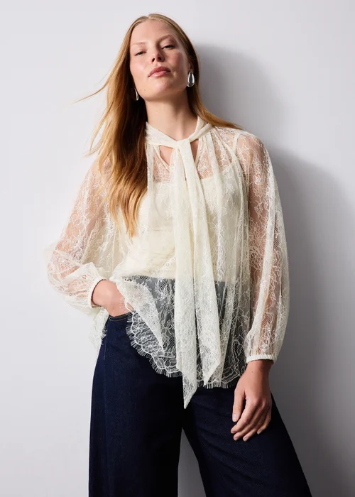 Cream Lace Tie Neck Blouse - 8 Image 1