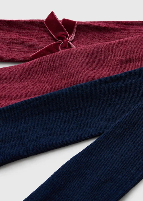 2 Pack Baby Burgundy & Navy Bow Detail Tights (0-23mths) - Up to 1 Month Image 2