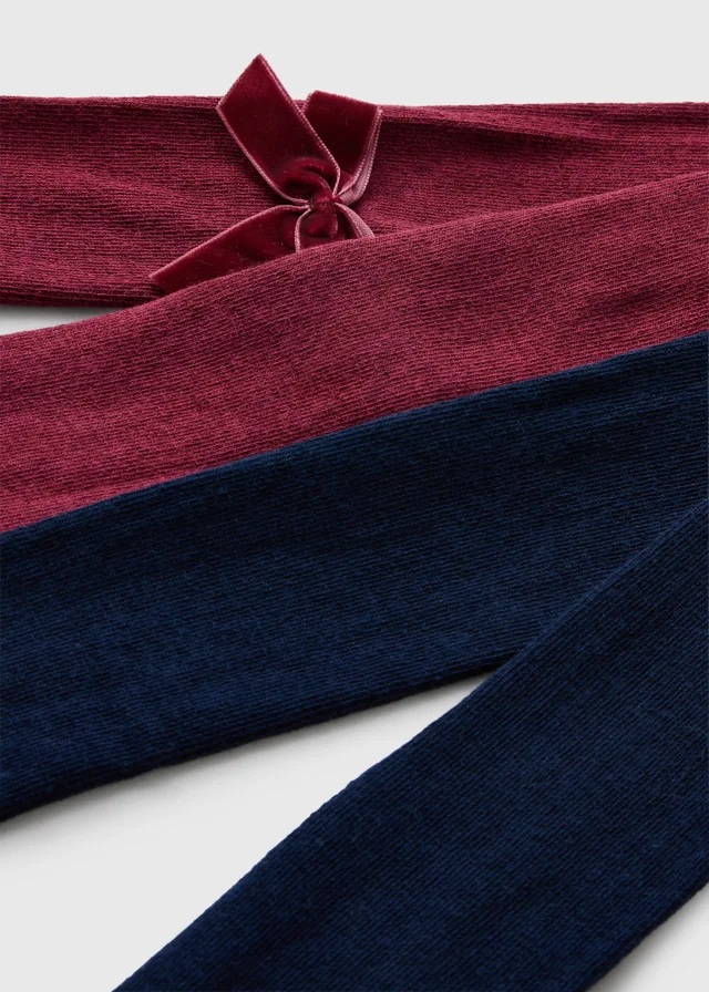 2 Pack Baby Burgundy & Navy Bow Detail Tights (0-23mths)
