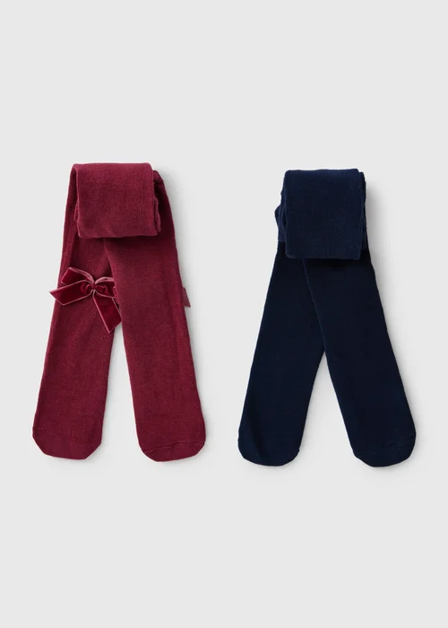 2 Pack Baby Burgundy & Navy Bow Detail Tights (0-23mths) - Up to 1 Month Image 1