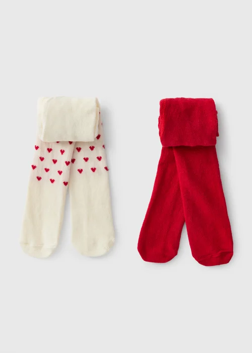 2 Pack Baby Red & Cream Heart Tights (0-18mths) - Up to 1 Month Image 1